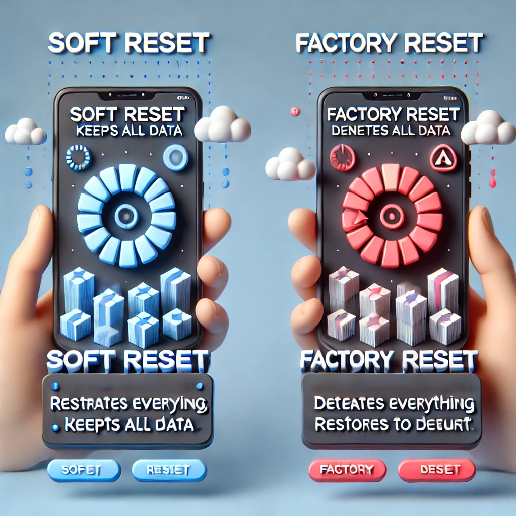 This image is showing the difference between a soft reset and a factory reset for a smartphone. The left side represents a soft reset and right side shows the reset using recovery method.