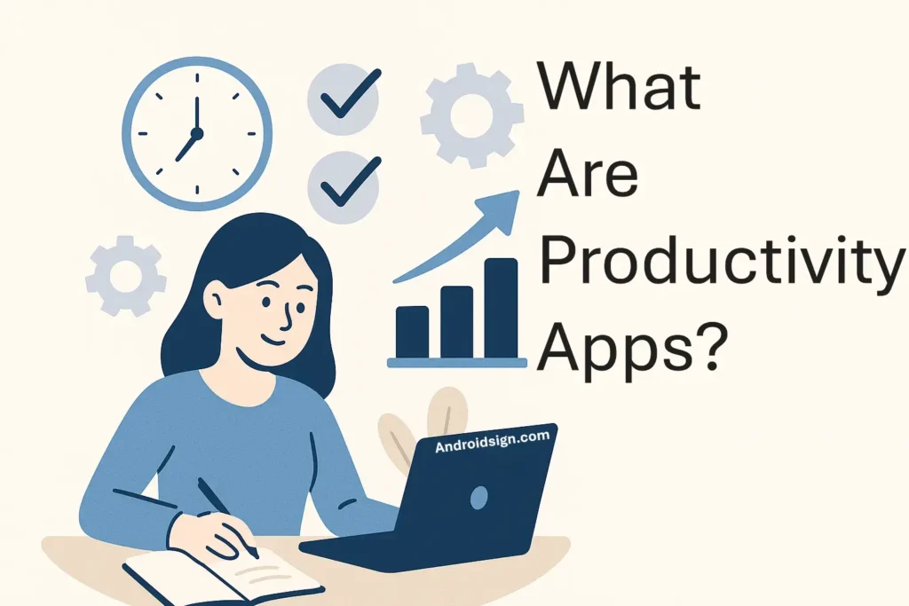 This image shows a Girl checking what are Productivity apps