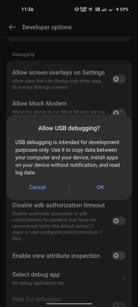 Enable USB debugging