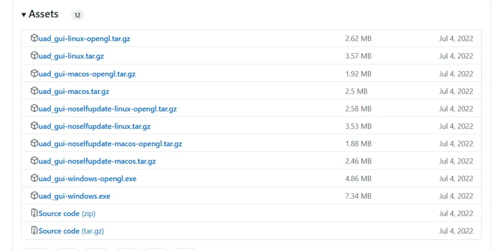 This image shows download links for Universal Android Debloater