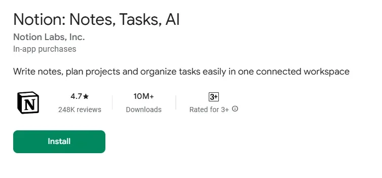 This is a screenshot of notion app in playstore.