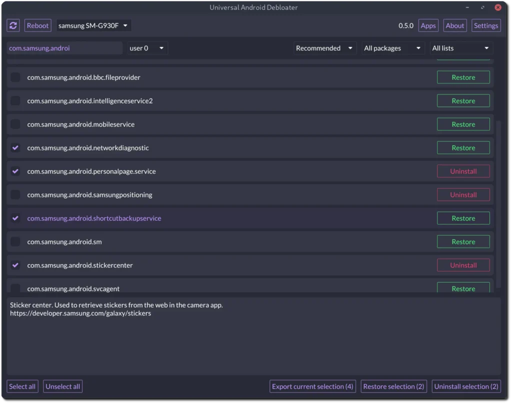 Universal Android Debloater tools Interface.