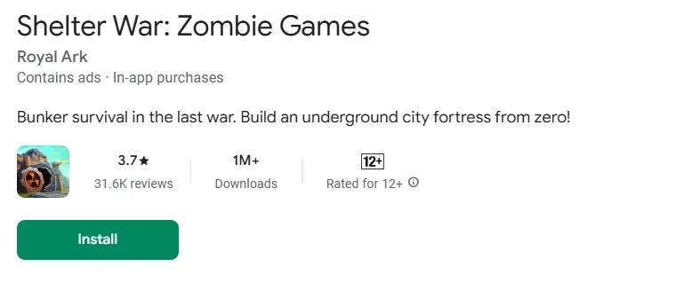 Shelter War: Zombie Games for Android Available on the Google Play